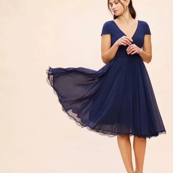 DRESS THE POPULATION Corey Midi Dress Chiffon Fit & Flare Cocktail Size S Navy - Picture 2 of 12